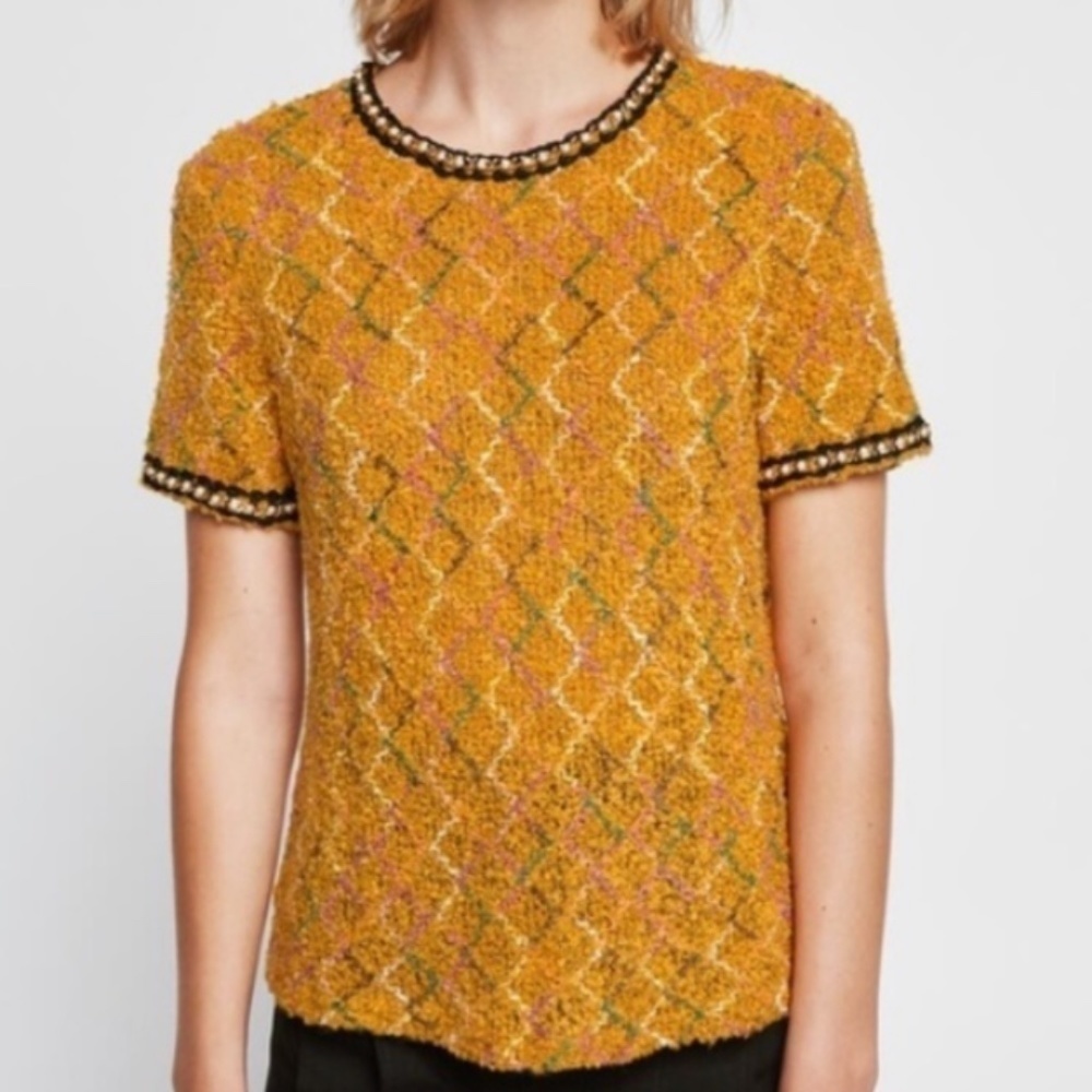 New Zara Tweed and Gold Chain Embellishing Short Sleeve Top size 12